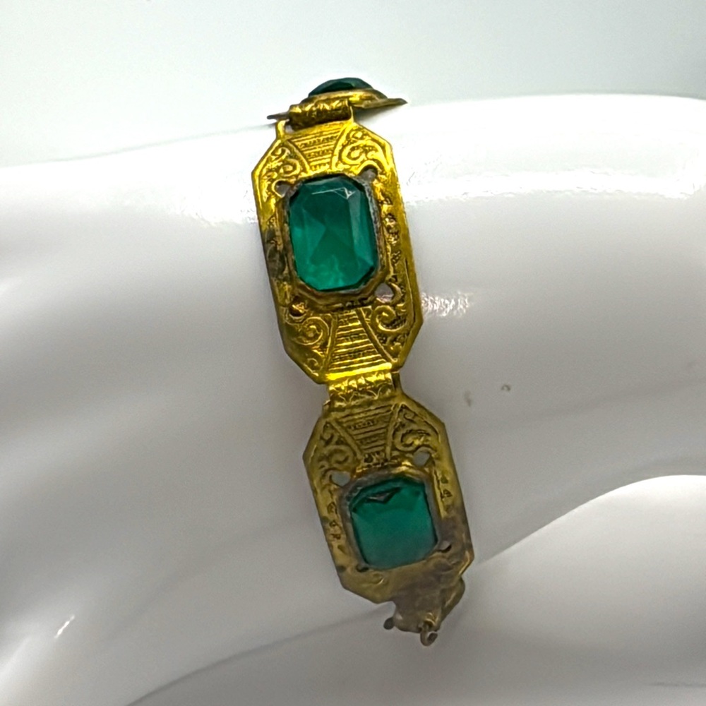 Antique Victorian green glass and brass bracelet.